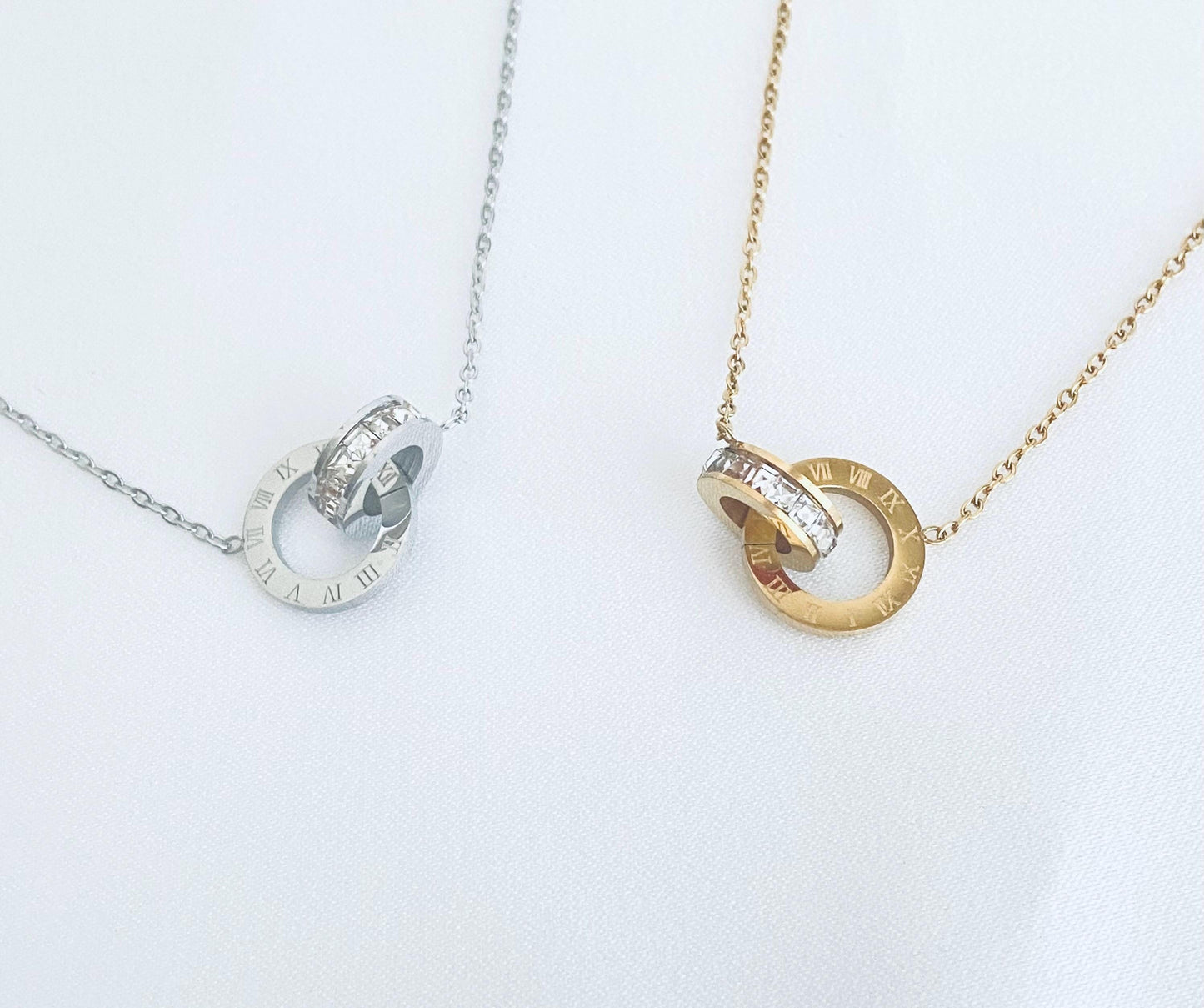 Interlocking Circle Necklace with CZ Accent • Stainless Steel or Gold Linked Circle Pendant, Minimalist Karma Necklace