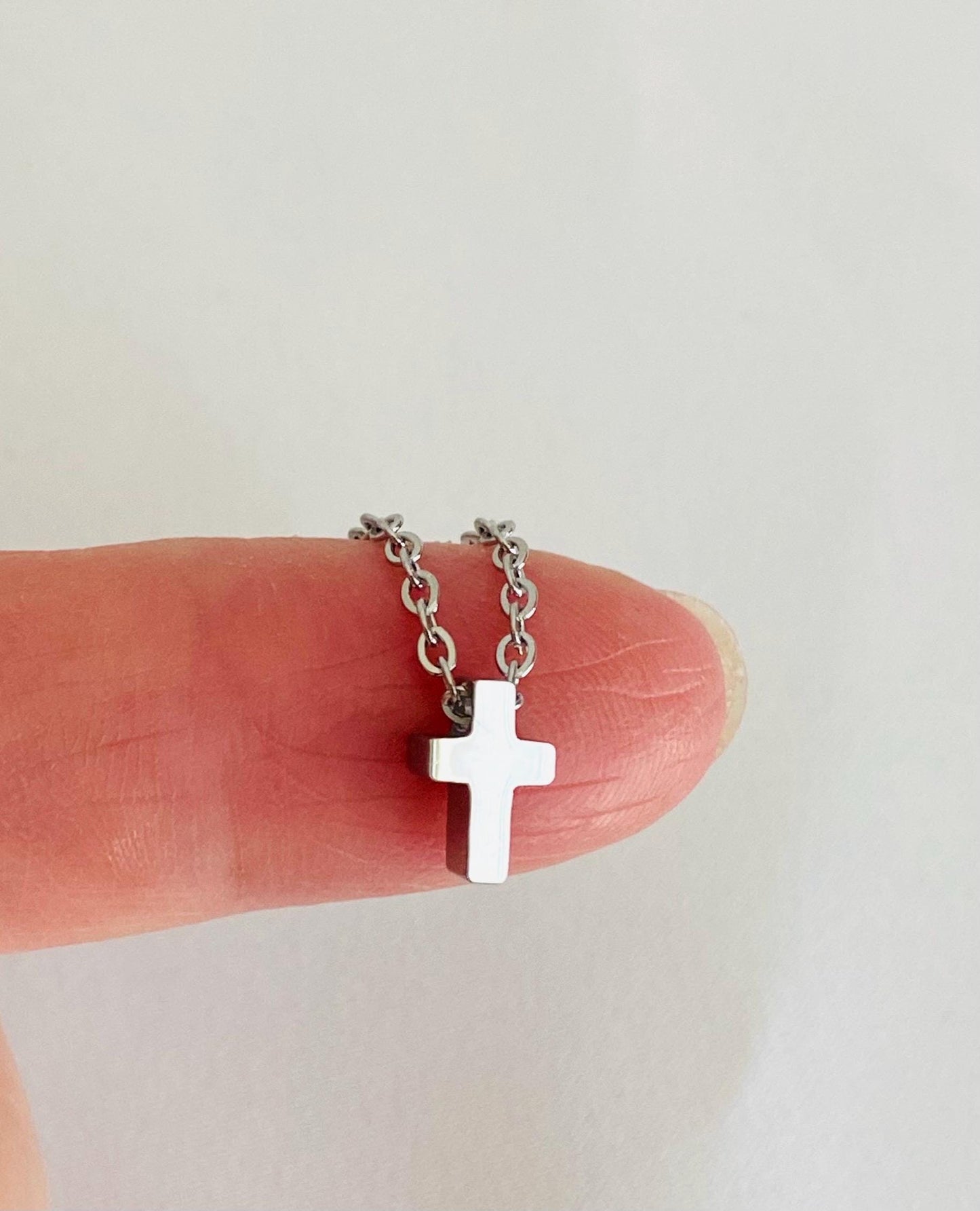 Stainless Steel Tiny Cross Charm Necklace • Minimalist Religious Necklace in Silver or Gold