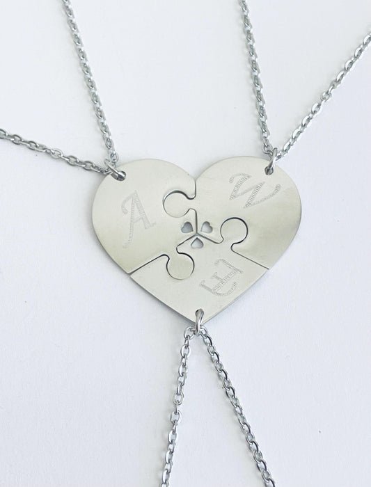 Personalized Stainless Steel 3-Piece Heart Puzzle Necklace Set with Tiny Heart Cutout •  Custom Engraved Matching Necklaces