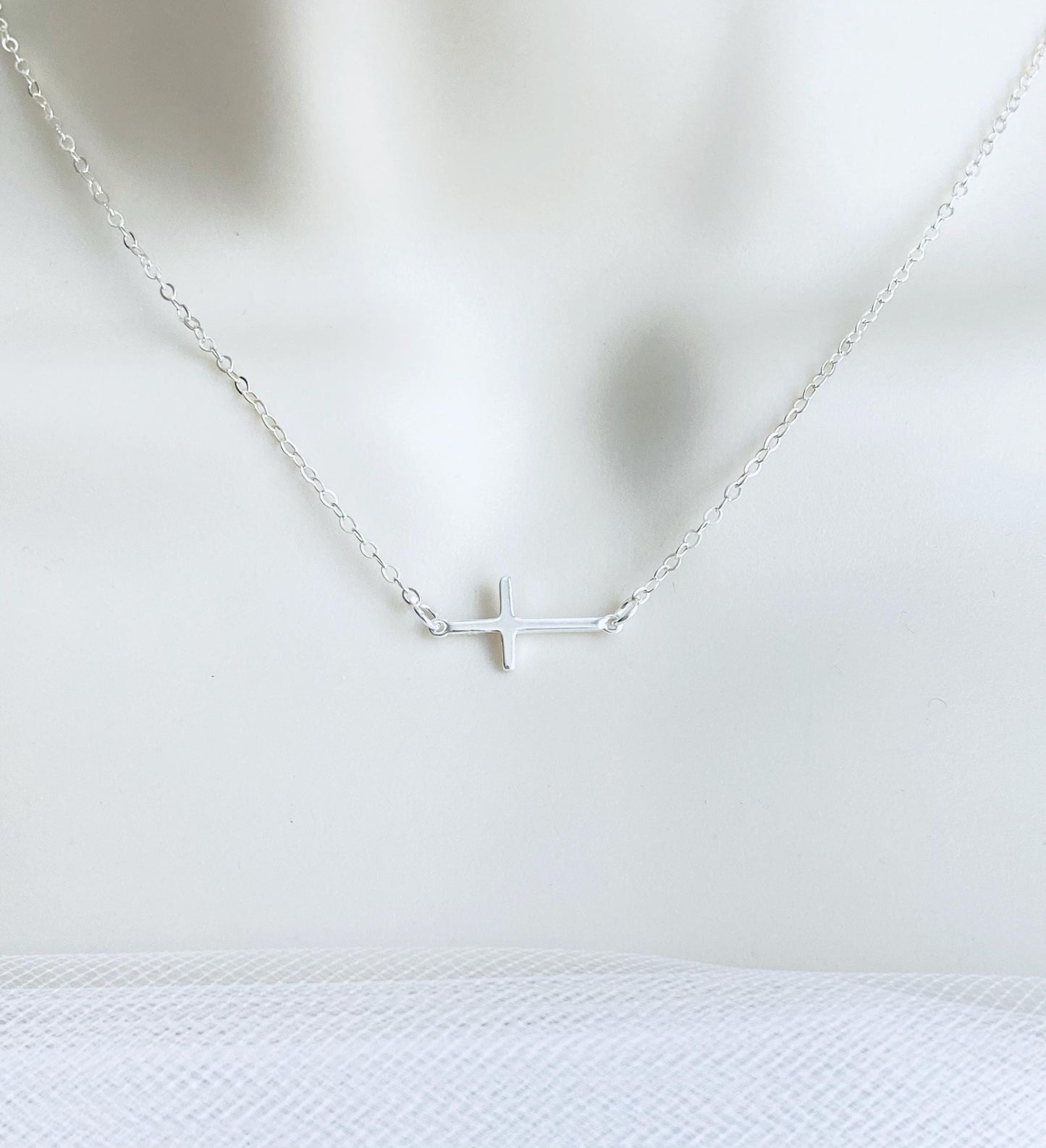 Sterling Silver Slim Sideways Cross Pendant Necklace • Minimalist Faith Necklace