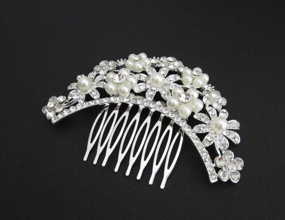 Rhinestone and White Glass Pearl Hair Comb • Elegant Wedding Hair Comb for Bridal Veil