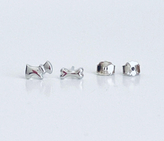 Sterling Silver Dog and Dog Bone Stud Earrings • Cute Puppy & Bone Earrings for Dog Lovers, Dainty Animal Studs