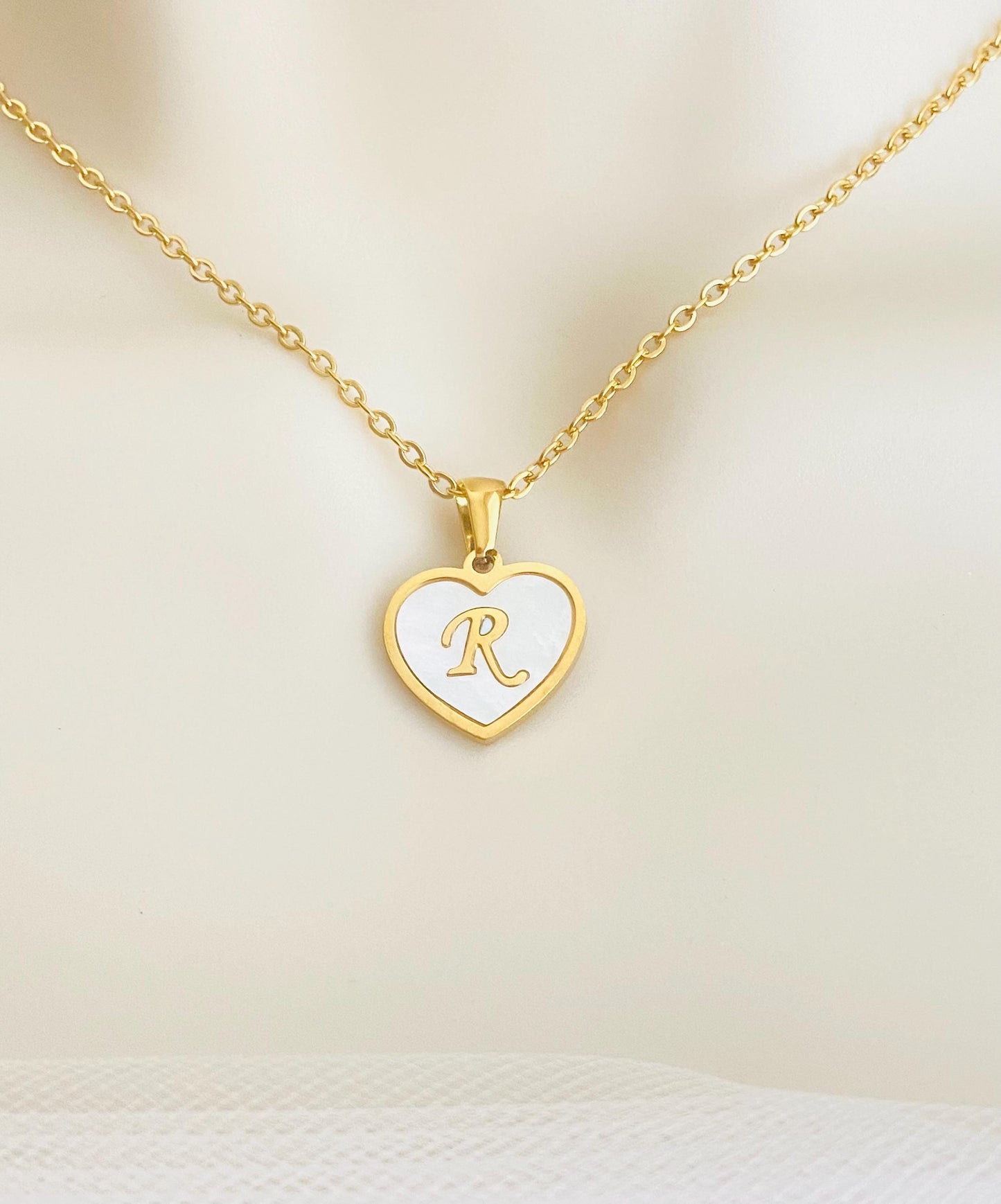 Personalized Gold Shell Heart Initial Necklace • Gold Over Stainless Steel Personalized Pendant