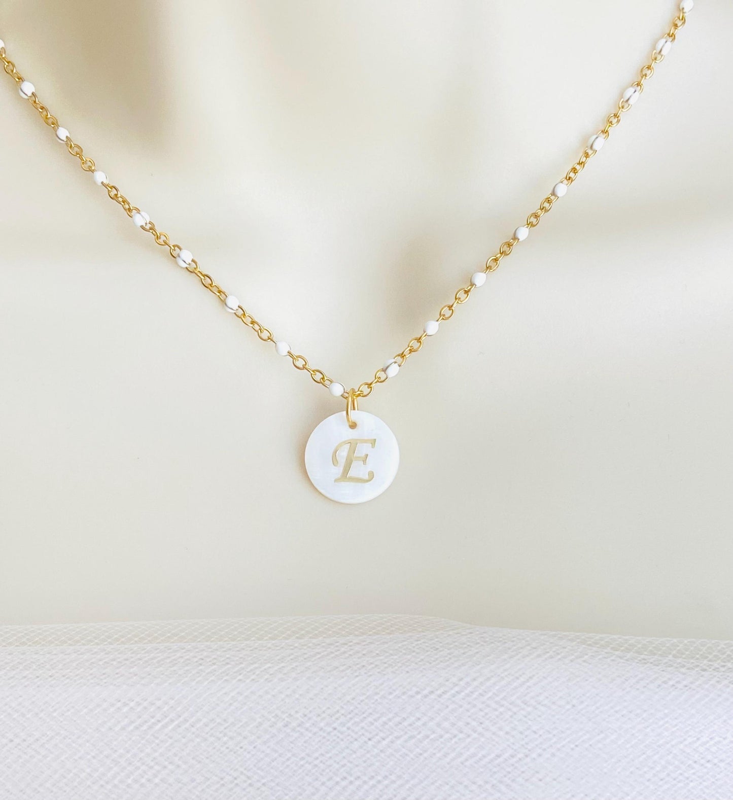 Shell Initial Pendant Necklace • Personalized Letter Necklace with White Enamel Beaded Chain