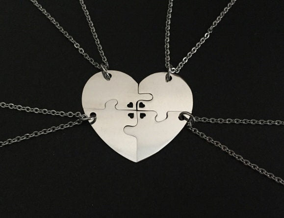 Personalized Stainless Steel 4-Piece Puzzle Necklace Set with Tiny Heart Cutout • Custom Engraved Matching Necklaces
