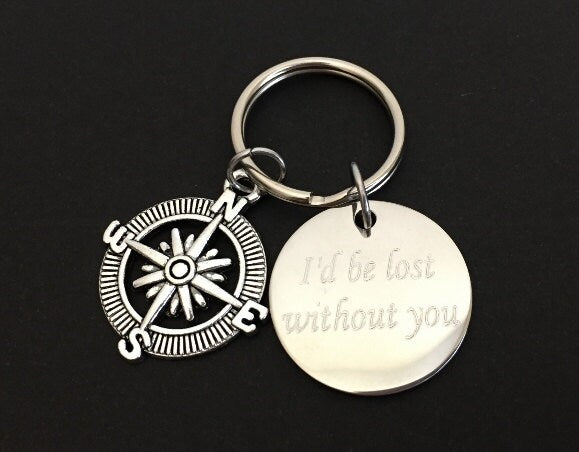Personalized Compass Keychain • Custom Engraved Compass Key Ring Gift for Him or Her