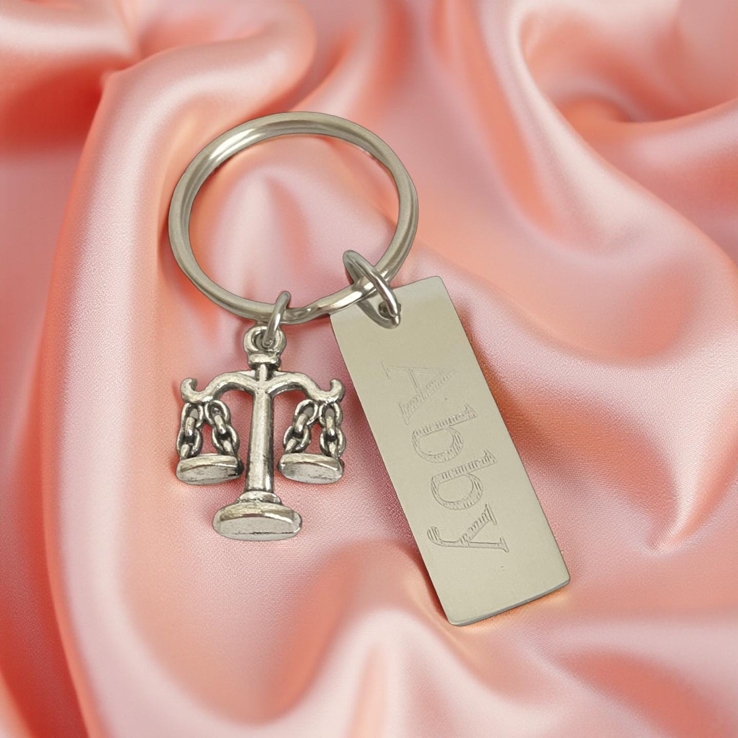 Personalized Stainless Steel Tag with Scale Charm • Custom Engraved Justice Keychain