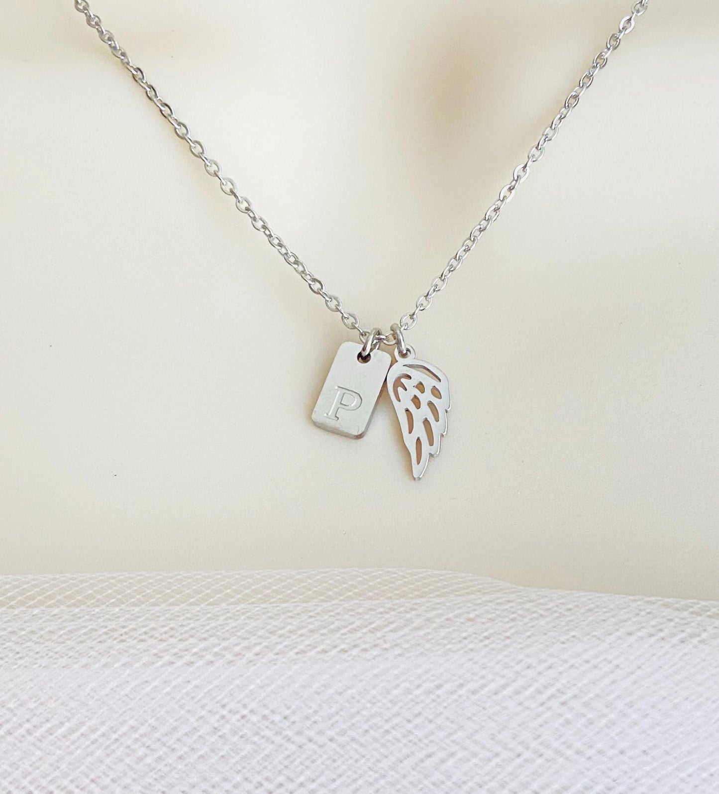 Personalized Angel Wing Necklace with Initial Tag • Stainless Steel or Gold Custom Charm Necklace