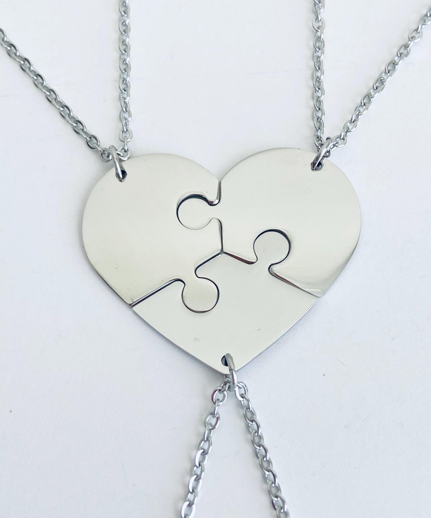 Personalized Stainless Steel 3-Piece Heart Puzzle Necklace Set • Custom Engraved Matching Heart Necklaces