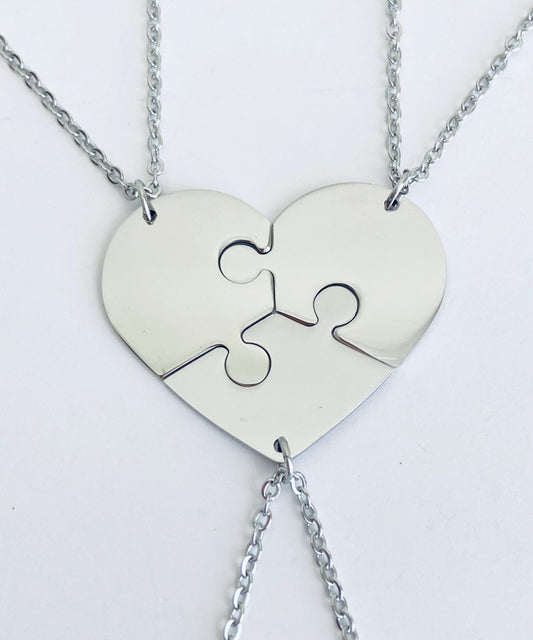 Personalized Stainless Steel 3-Piece Heart Puzzle Necklace Set • Custom Engraved Matching Heart Necklaces
