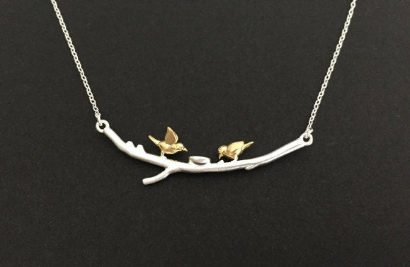 Sterling Silver Necklace with Gold Love Birds on Branch – Two-Tone Romantic Bird Pendant