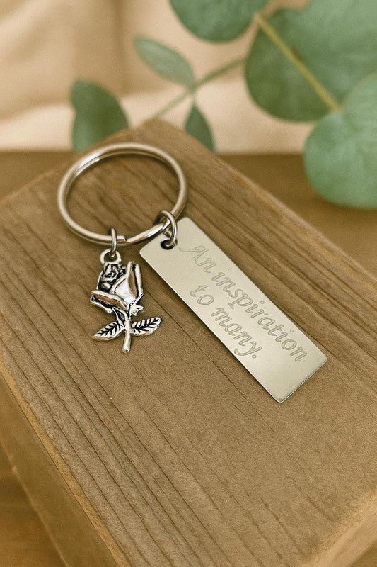 Personalized Key Chain with Rose Charm • Custom Engraved Floral Keychain Gift for Her