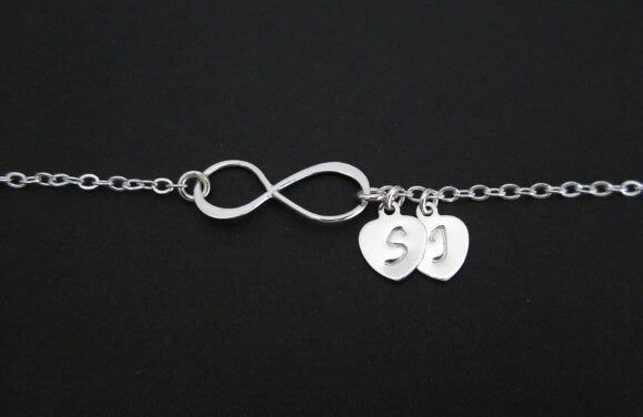 Sterling Silver Infinity Bracelet with Heart Charm • Personalized Charm Bracelet, Choose One or Multiple Charms