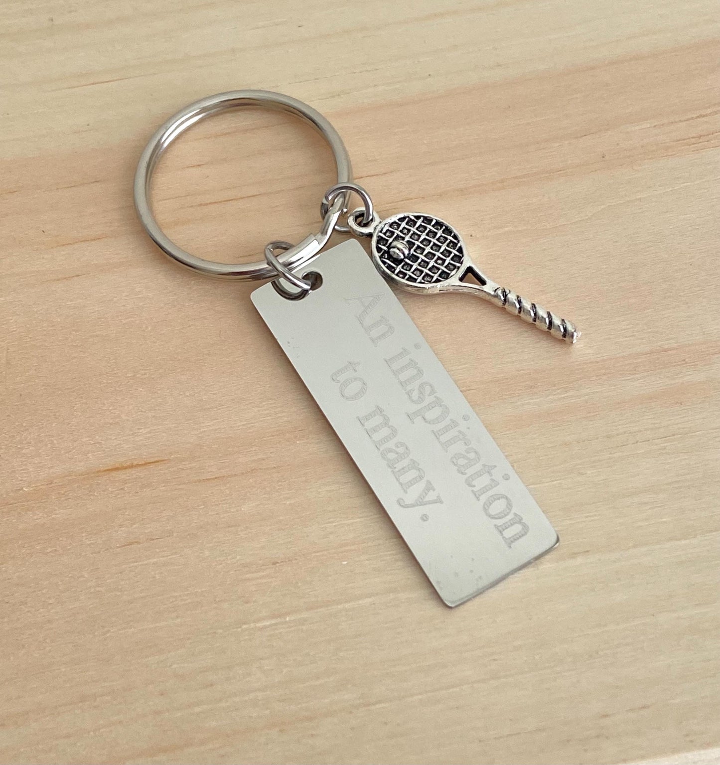 Personalized Stainless Steel Tag with Tennis Racket Charm Key Chain • Custom Engraved Sports Gift
