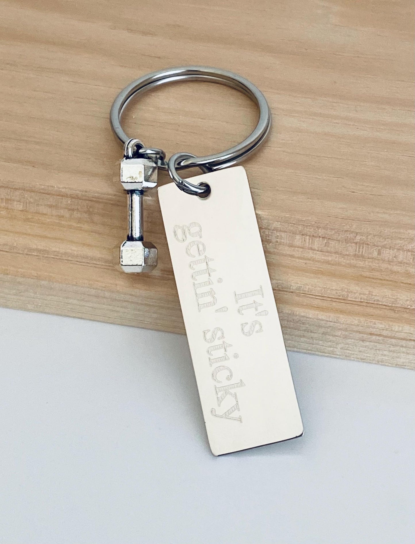 Personalized Key Chain with Small Dumbbell Charm • Custom Engraved Stainless Steel Fitness Keychain