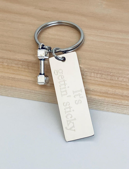 Personalized Key Chain with Small Dumbbell Charm • Custom Engraved Stainless Steel Fitness Keychain