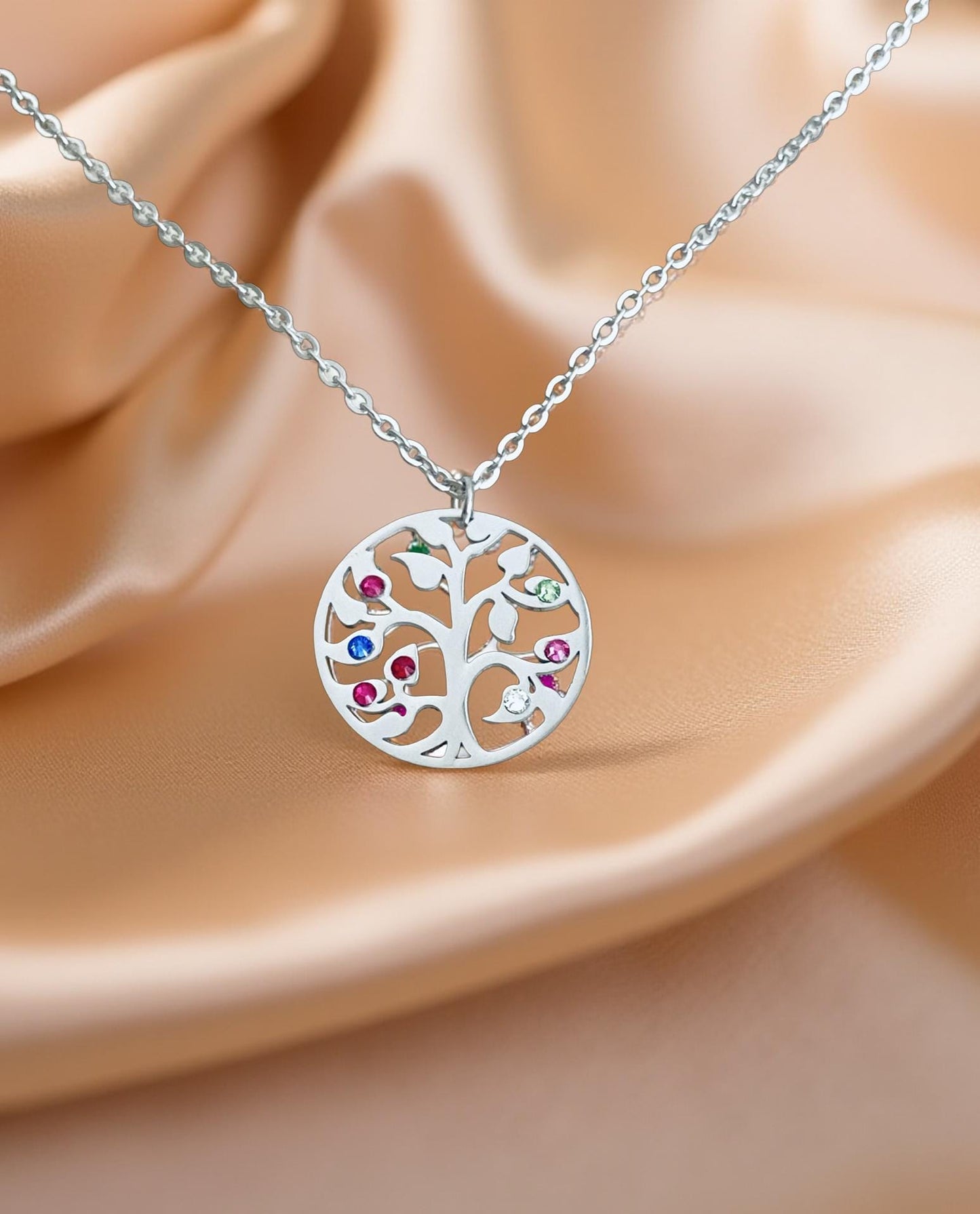 Stainless Steel Birthstone Family Tree Pendant Necklace • Personalized Family Jewelry