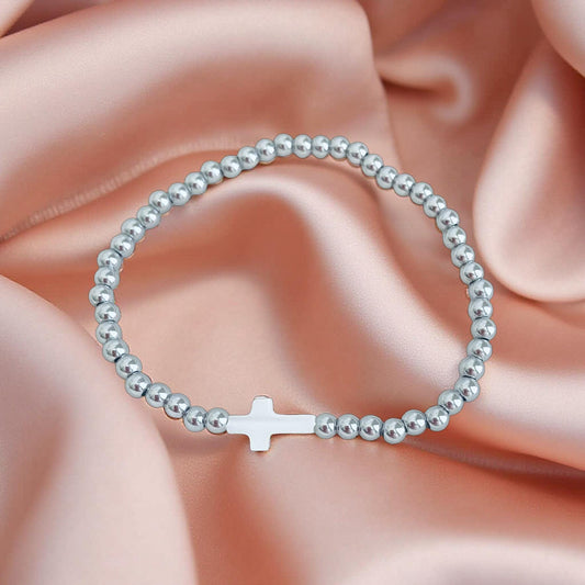 Stainless Steel Beaded Stretch Bracelet with Shell Cross • Christian Faith Jewelry Gift