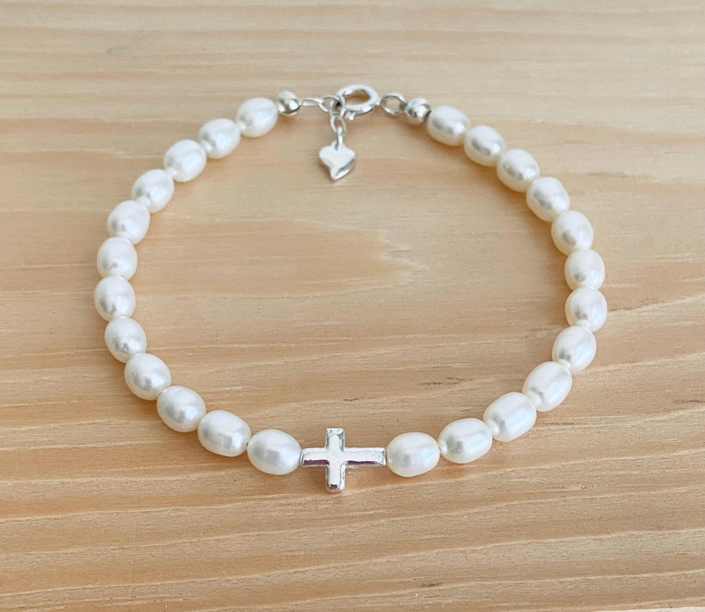 Adjustment Sterling Silver Cross Bracelet with White Freshwater Pearls • Christian Pearl Jewelry Gift