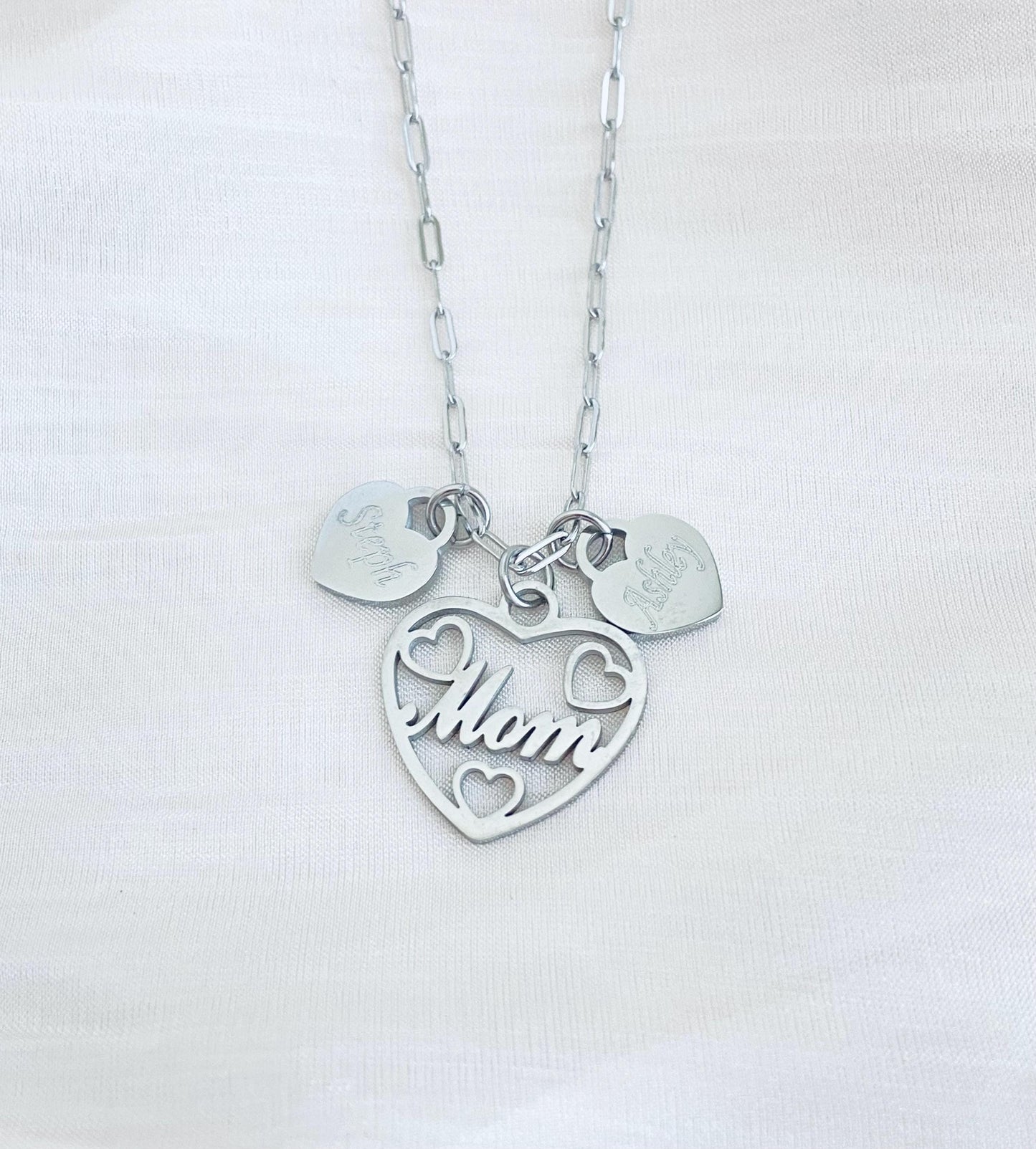 Mom Necklace with Personalized Heart Charms • Custom Family Necklace in Stainless Steel or Gold