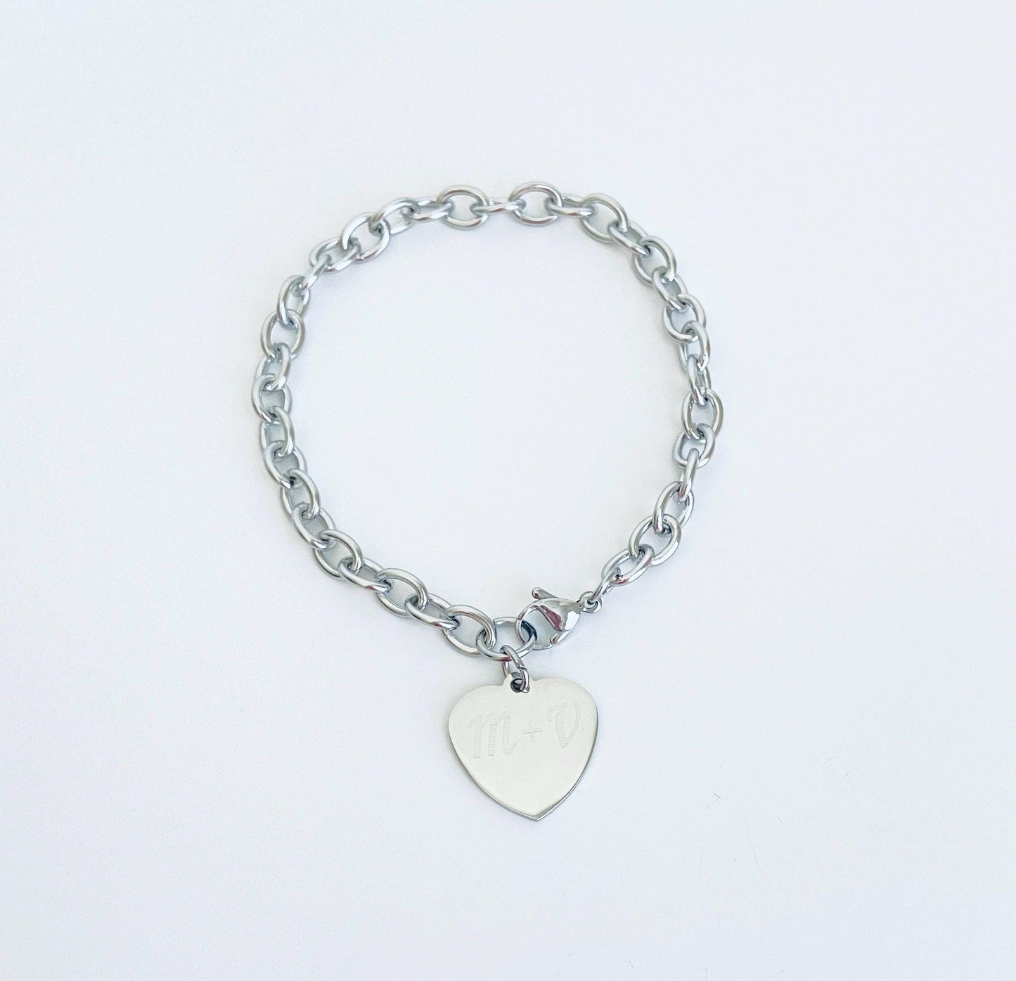 Stainless Steel Chain Bracelet with Personalized Heart Charm • Custom Engraved Bracelet