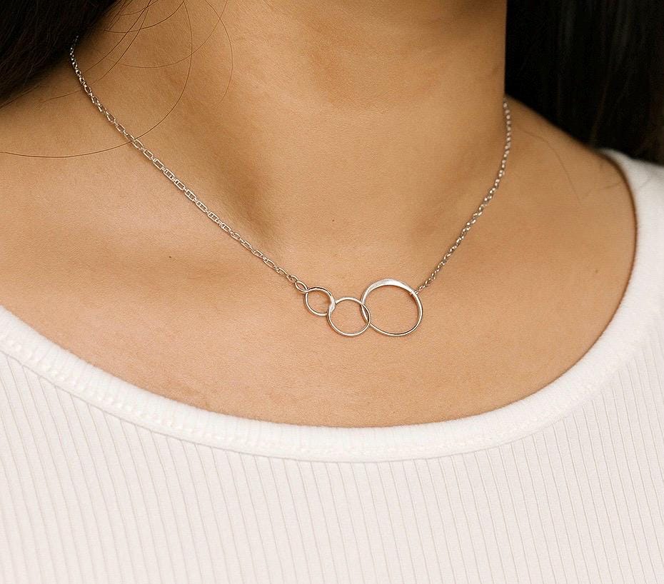 Sterling Silver Interlocking Triple Circle Pendant • Family Unity Necklace for Women