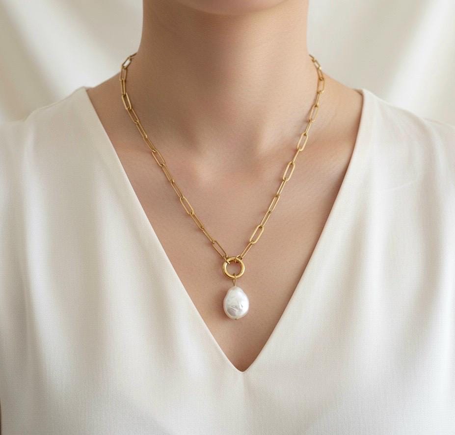 Large Paperclip Chain Necklace with White Freshwater Teardrop Pearl Pendant – Stainless Steel or Gold