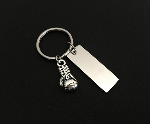 Personalized Key Chain with Boxing Glove Charm • Custom Engraved Stainless Steel Keychain