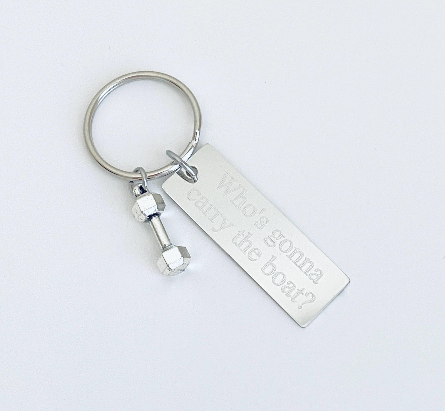 Personalized Key Chain with Small Dumbbell Charm • Custom Engraved Stainless Steel Fitness Keychain