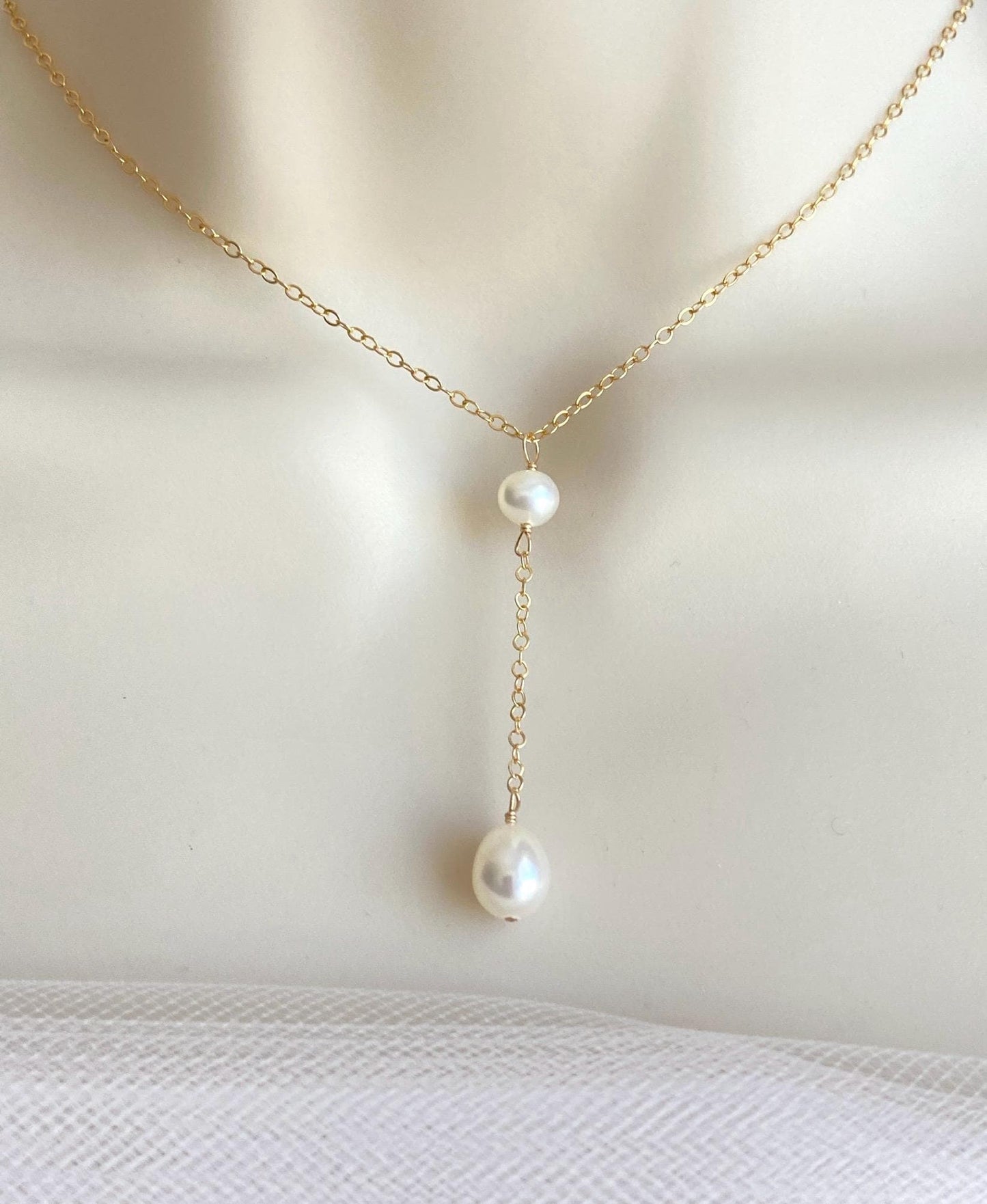Dangle Y Pearl Pendant Necklace • Sterling Silver or Gold Filled
