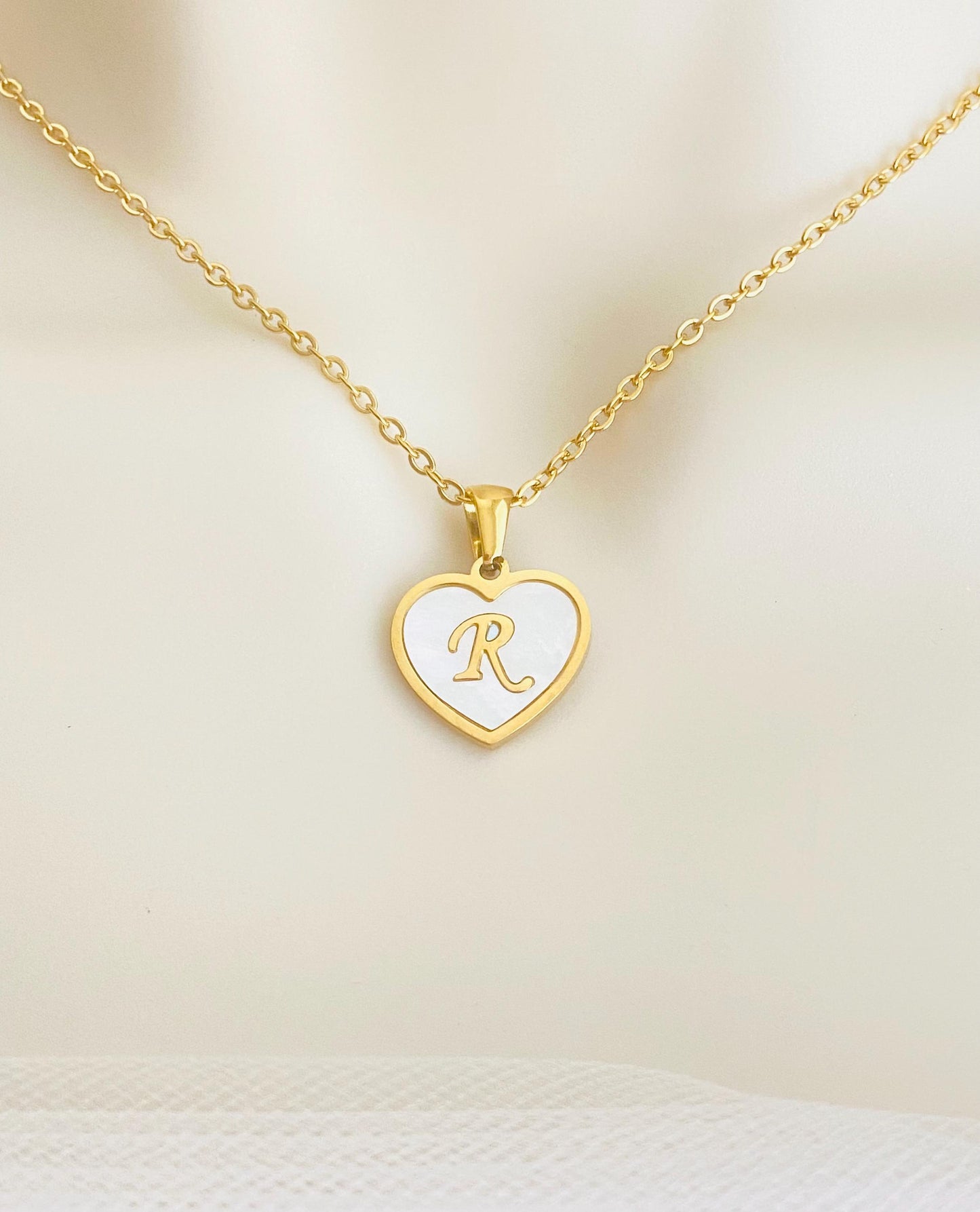 Personalized Gold Shell Heart Initial Necklace • Gold Over Stainless Steel Personalized Pendant