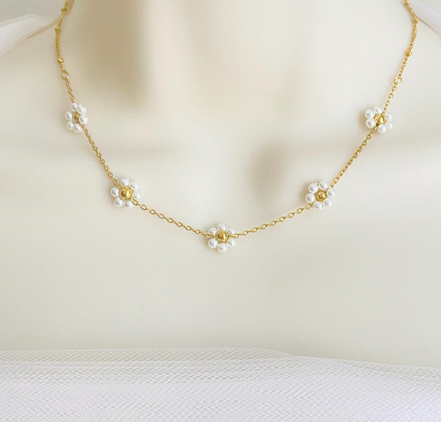 18K Gold Over Stainless Steel Glass Daisy Flower Necklace • Floral Pendant Necklace