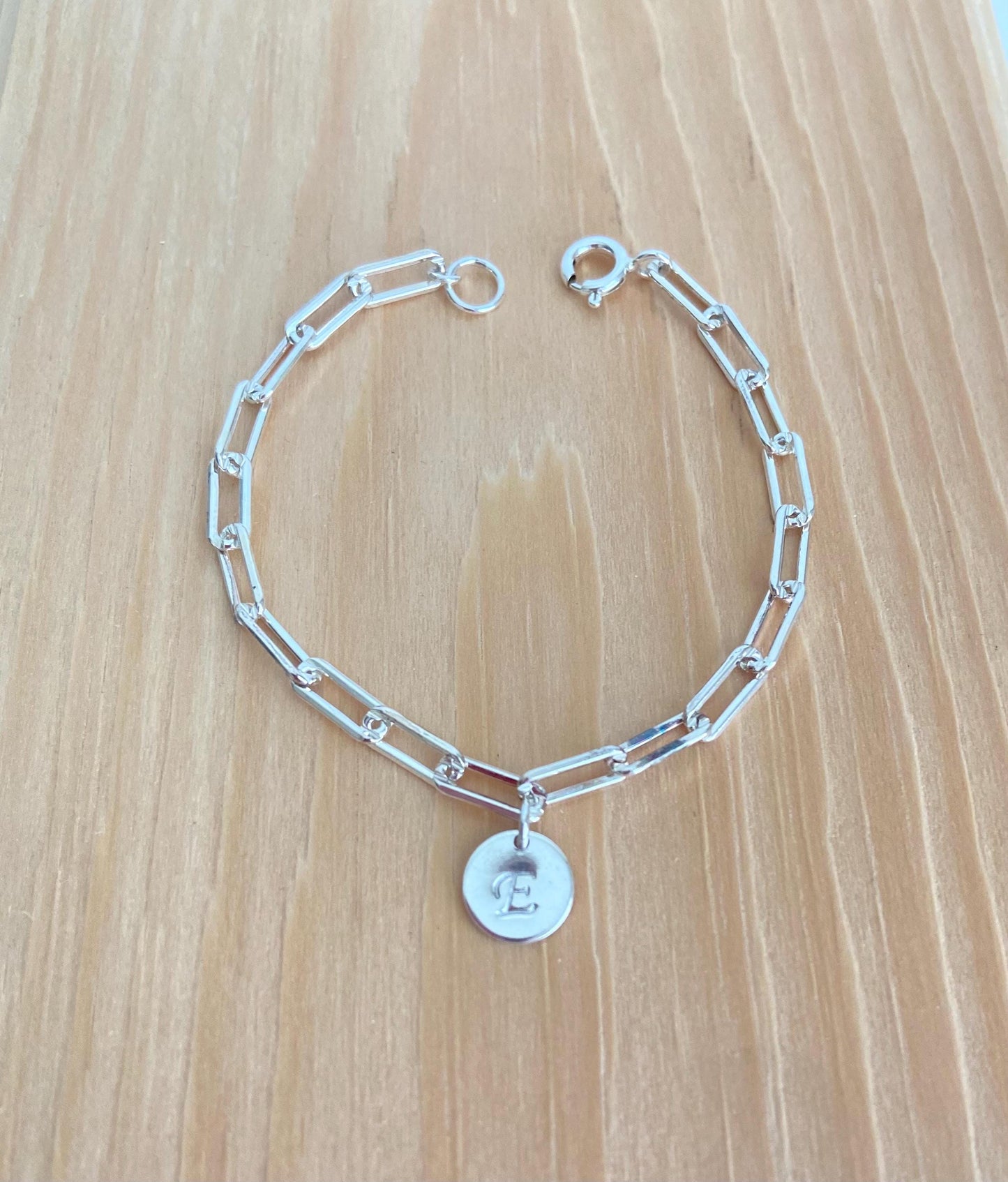Sterling Silver Paperclip Chain Bracelet with Initial Charm • Personalized 925 Silver Letter Bracelet for Women