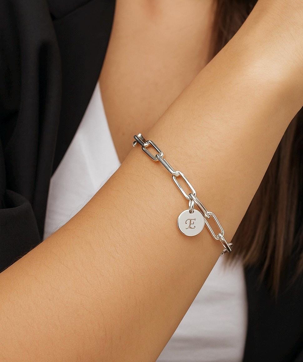 Sterling Silver Paperclip Chain Bracelet with Initial Charm • Personalized 925 Silver Letter Bracelet for Women
