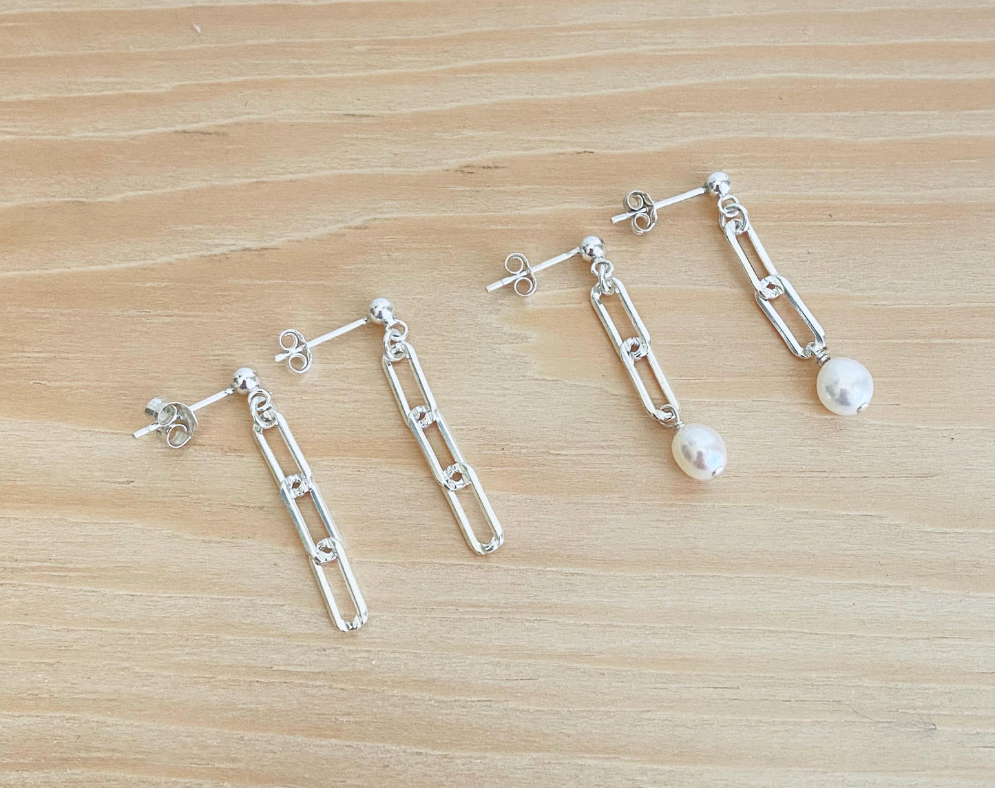 Sterling Silver Paperclip Dangle Earrings • Minimalist Earrings with Plain Link or Freshwater Pearl