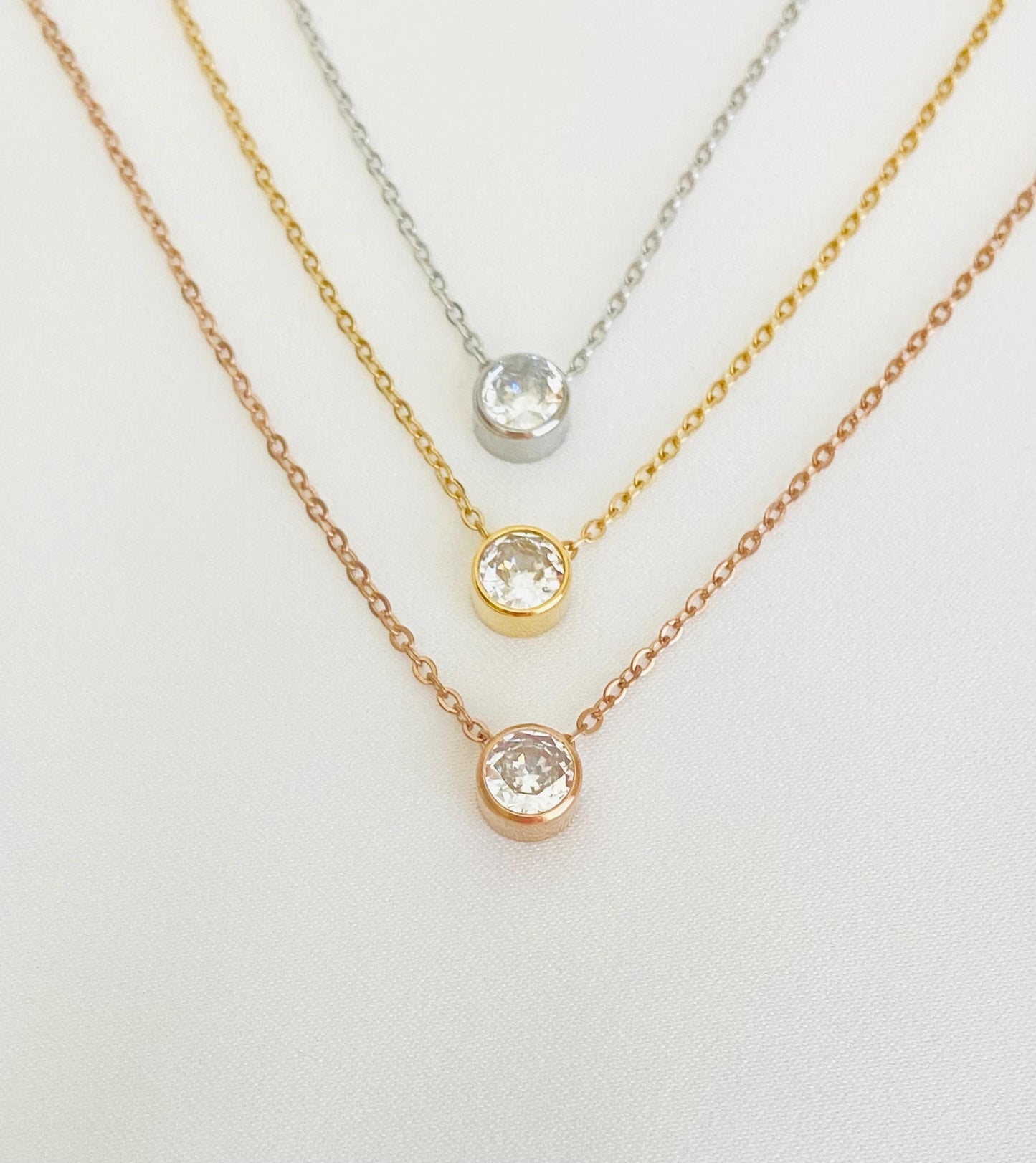 Solitaire Necklace • Stainless Steel, Gold or Rose Gold Minimalist Crystal Necklace