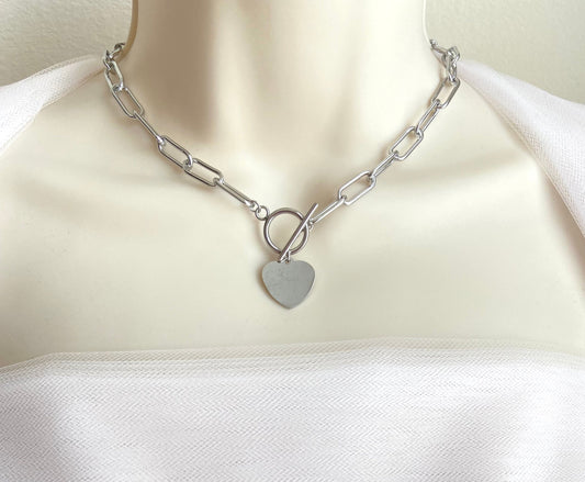 Personalized Chunky Paperclip Chain Necklace with Heart Charm • Custom Engraved Statement Necklace