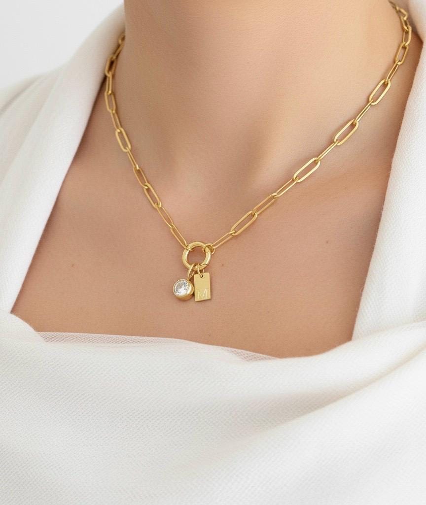 Personalized Stainless Steel Paperclip Chain Necklace with Birthstone & Initial Charm • Custom Name Jewelry Gift