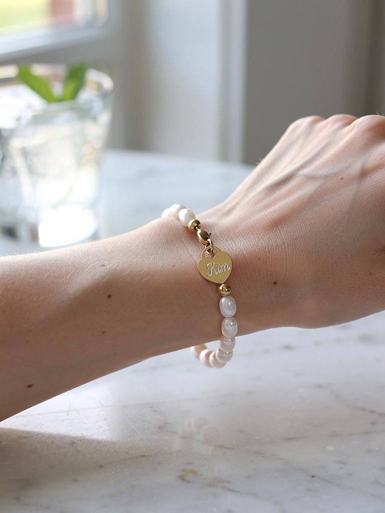 White Freshwater Pearl Bracelet with Personalized Stainless Steel Heart Charm • Custom Pearl Jewelry Gift