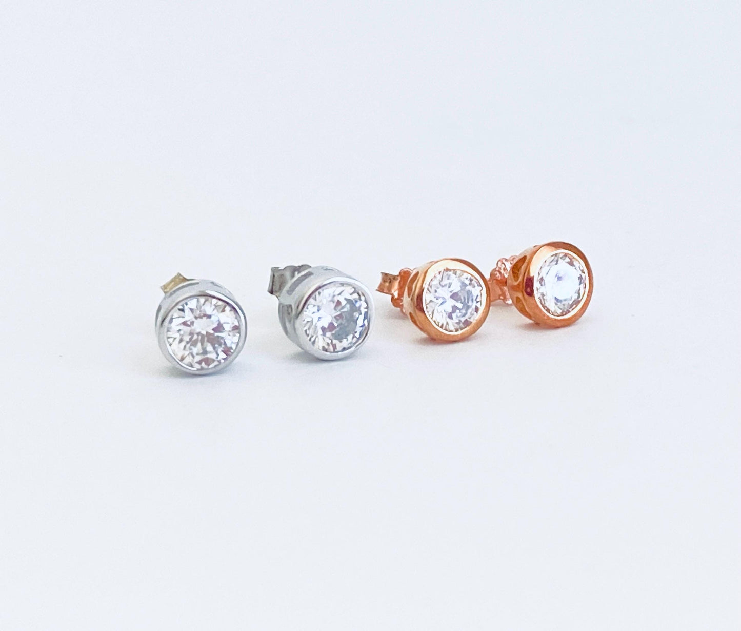 Sterling Silver Solitaire Stud Earrings • 925 Silver or Rose Gold over Sterling Silver