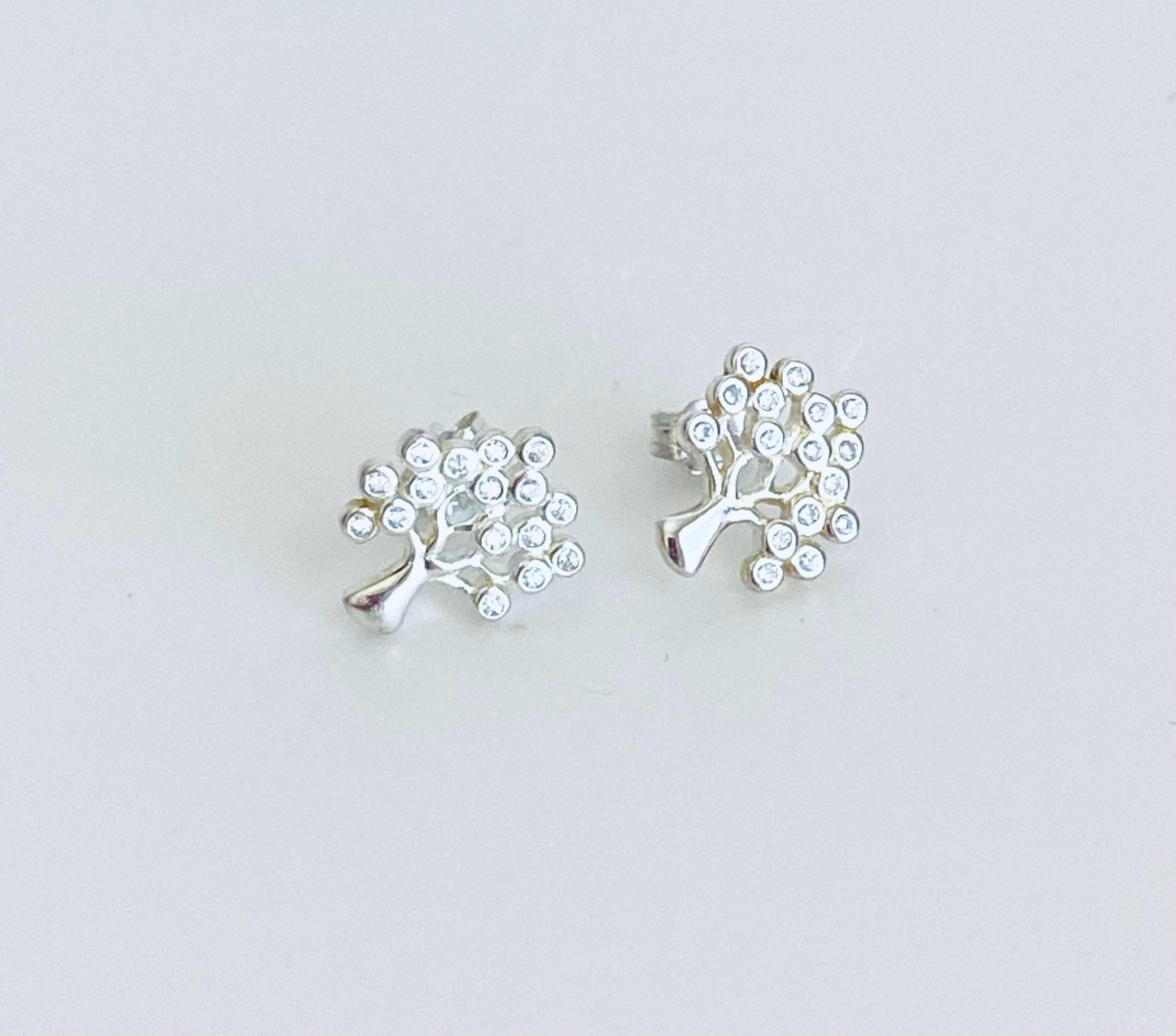 Sterling Silver Tree Stud Earrings with Tiny CZ  accent • 925 Silver Tree of Life Studs
