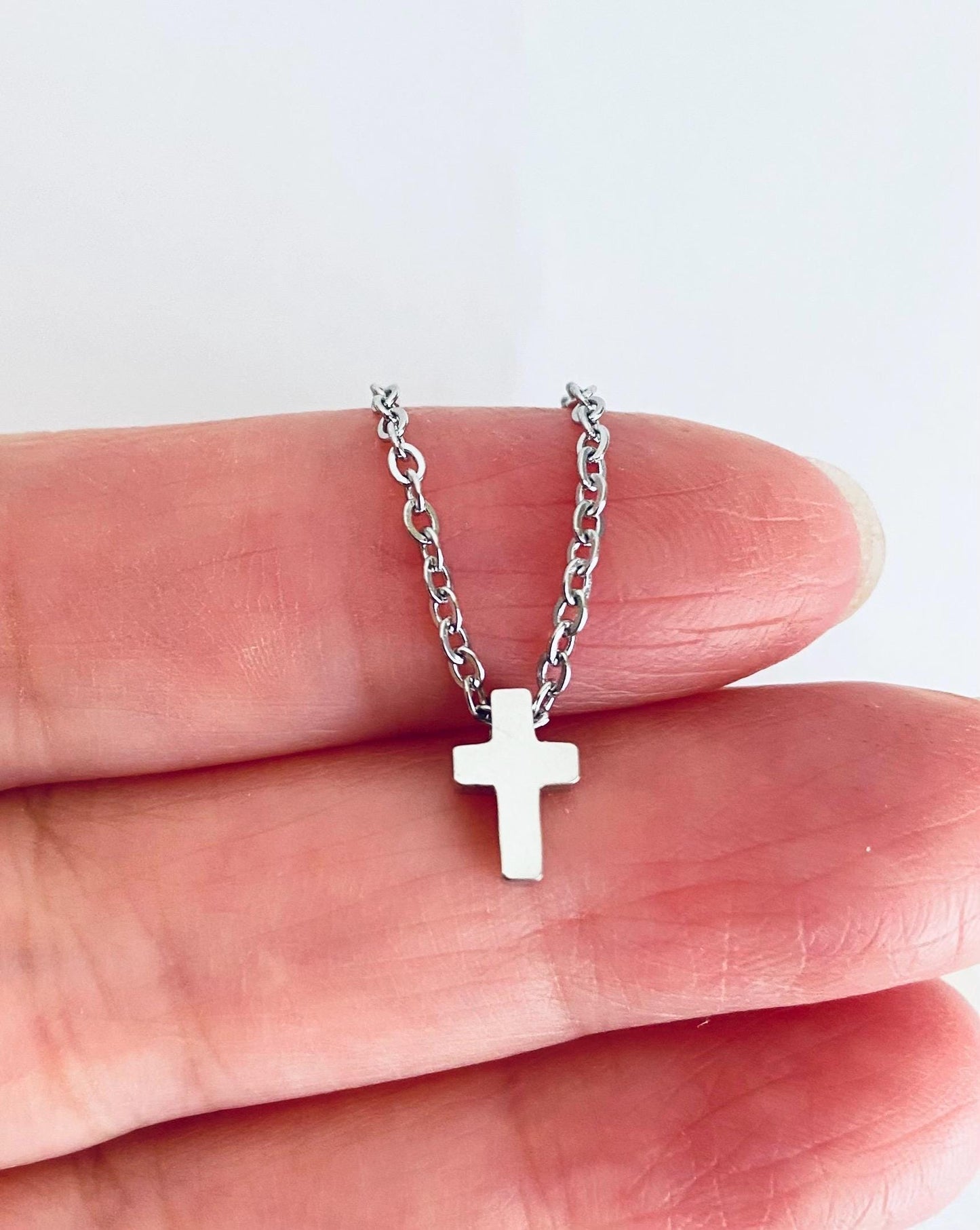 Stainless Steel Tiny Cross Charm Necklace • Minimalist Religious Necklace in Silver or Gold