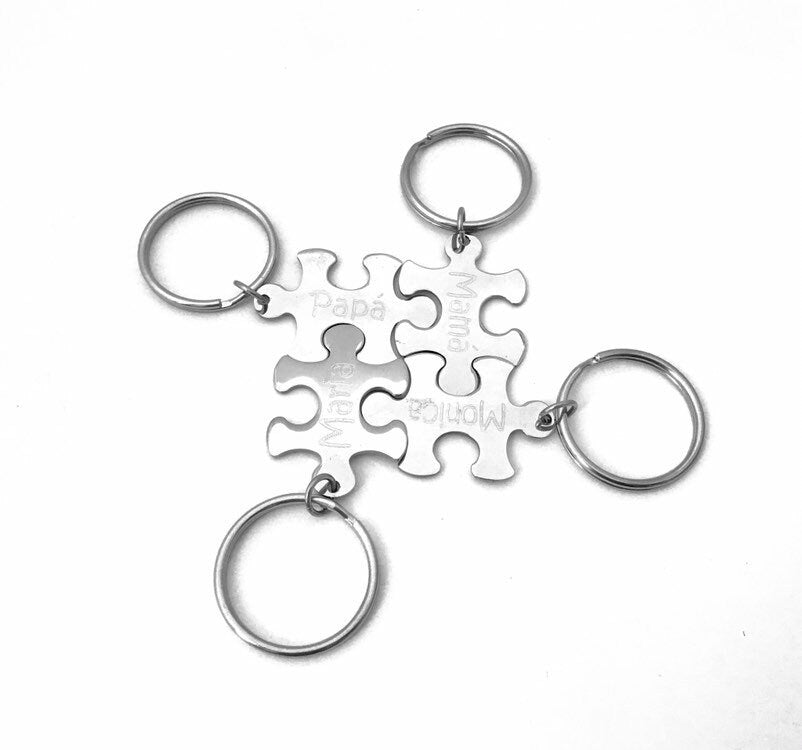Personalized Stainless Steel Puzzle Key Chain • Custom Engraved Interlocking Puzzle Keepsake