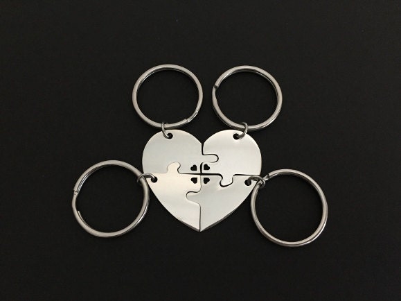 Personalized Stainless Steel 4-Piece Puzzle Key Chain Set with Tiny Heart Cutout • Custom Engraved Matching KeyChains