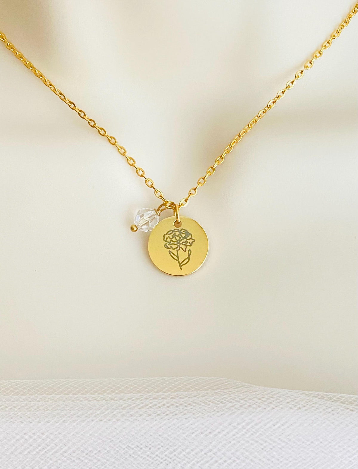 Personalized Birth Flower Necklace with Birthstone • Stainless Steel & Gold over Stainless Steel
