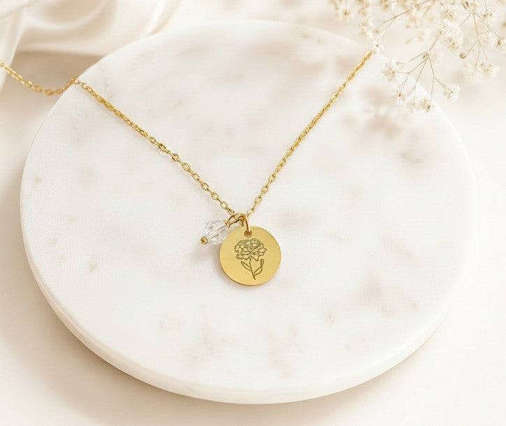 Personalized Birth Flower Necklace with Birthstone • Stainless Steel & Gold over Stainless Steel