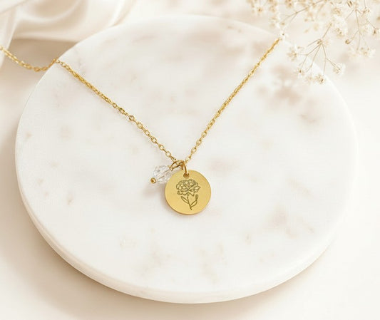 Personalized Birth Flower Necklace with Birthstone • Stainless Steel & Gold over Stainless Steel