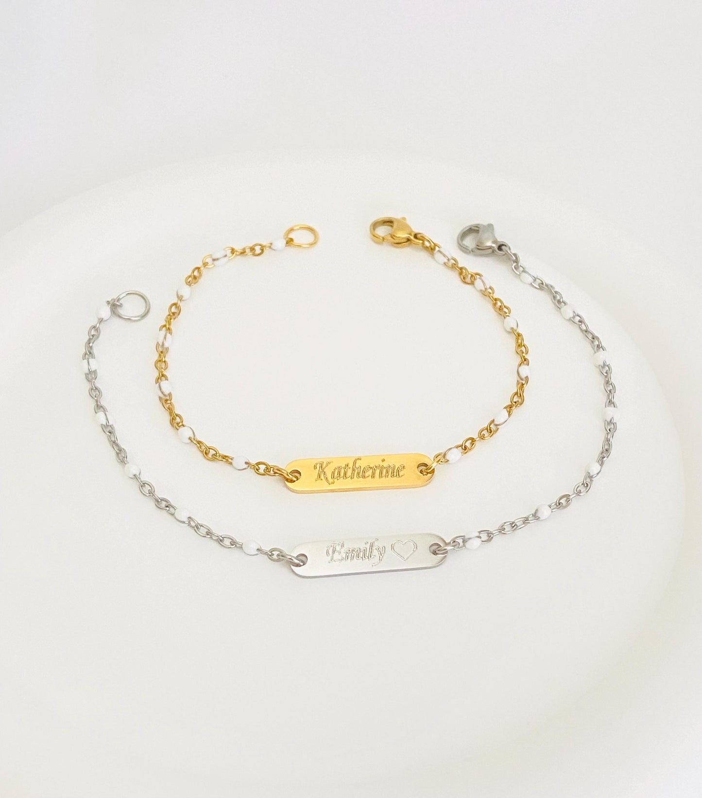 Personalized Stainless Steel Mini Bar Bracelet with White Enamel Beaded Chain • Custom Engraved Name Bracelet
