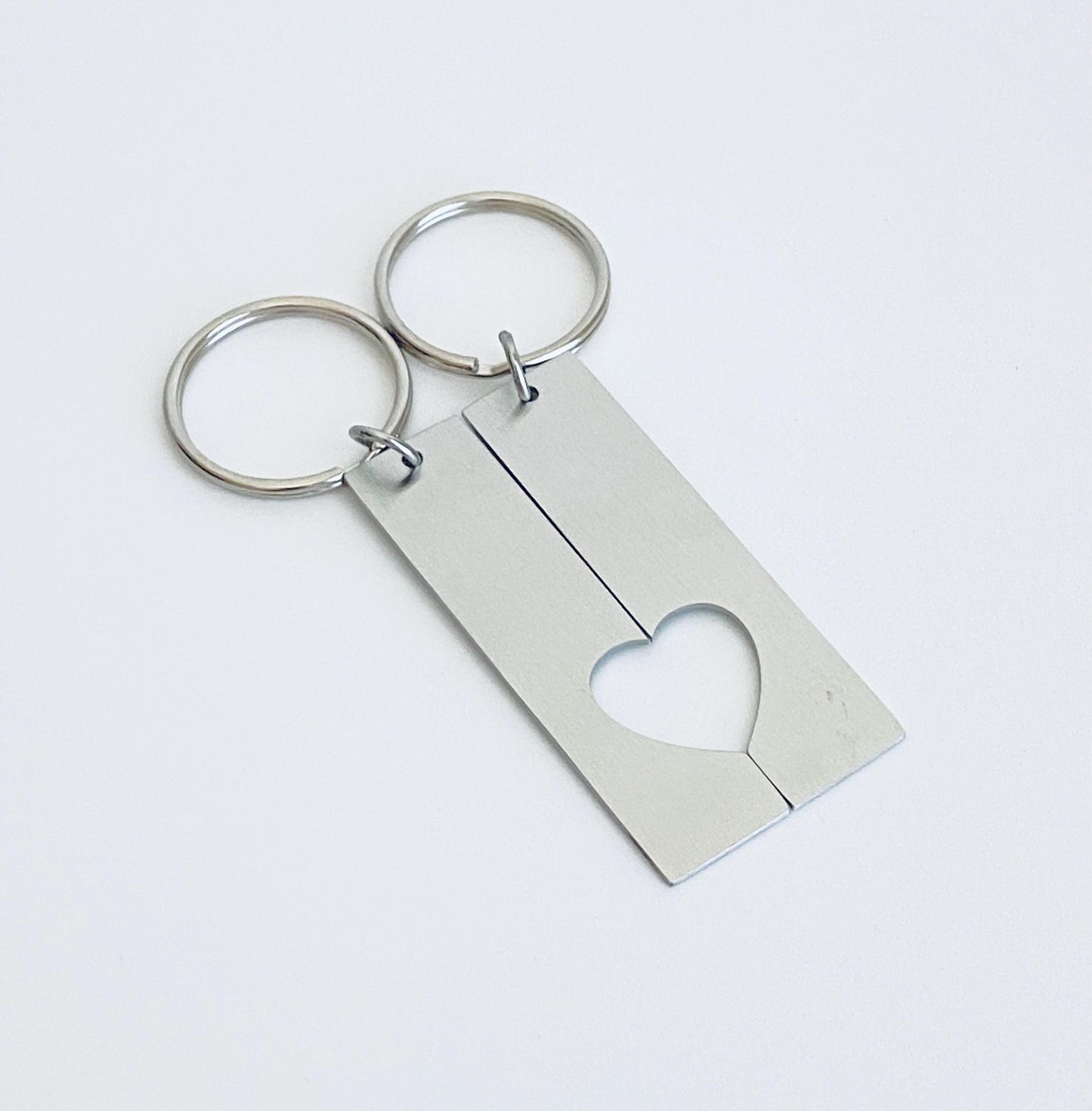 Personalized Stainless Steel Long Bar Key Chain Set with Heart Cutout • Custom Engraved Love Keepsake