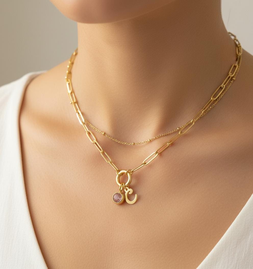 Personalized Mini Paperclip & Satellite Chain Necklace Set with Script Initial & Birthstone • Stainless Steel or Gold